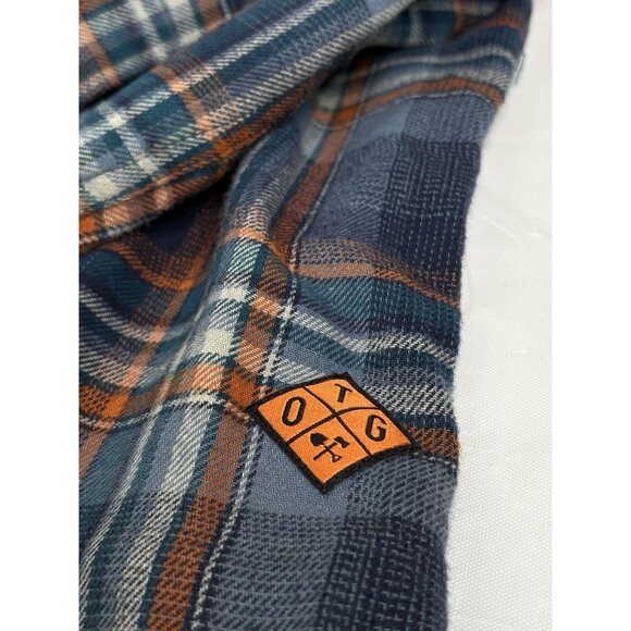 Off The Grid Destroyer Flannel Shirt Men’s XL Blue Orange Plaid Long Sleeve - Picture 6 of 14
